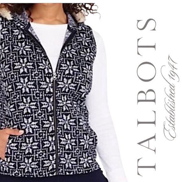 Talbots Navy Blue Nordic Fair Isle Snowflake Sweater Vest Fur Trim Hood Zip Up - Picture 12 of 13